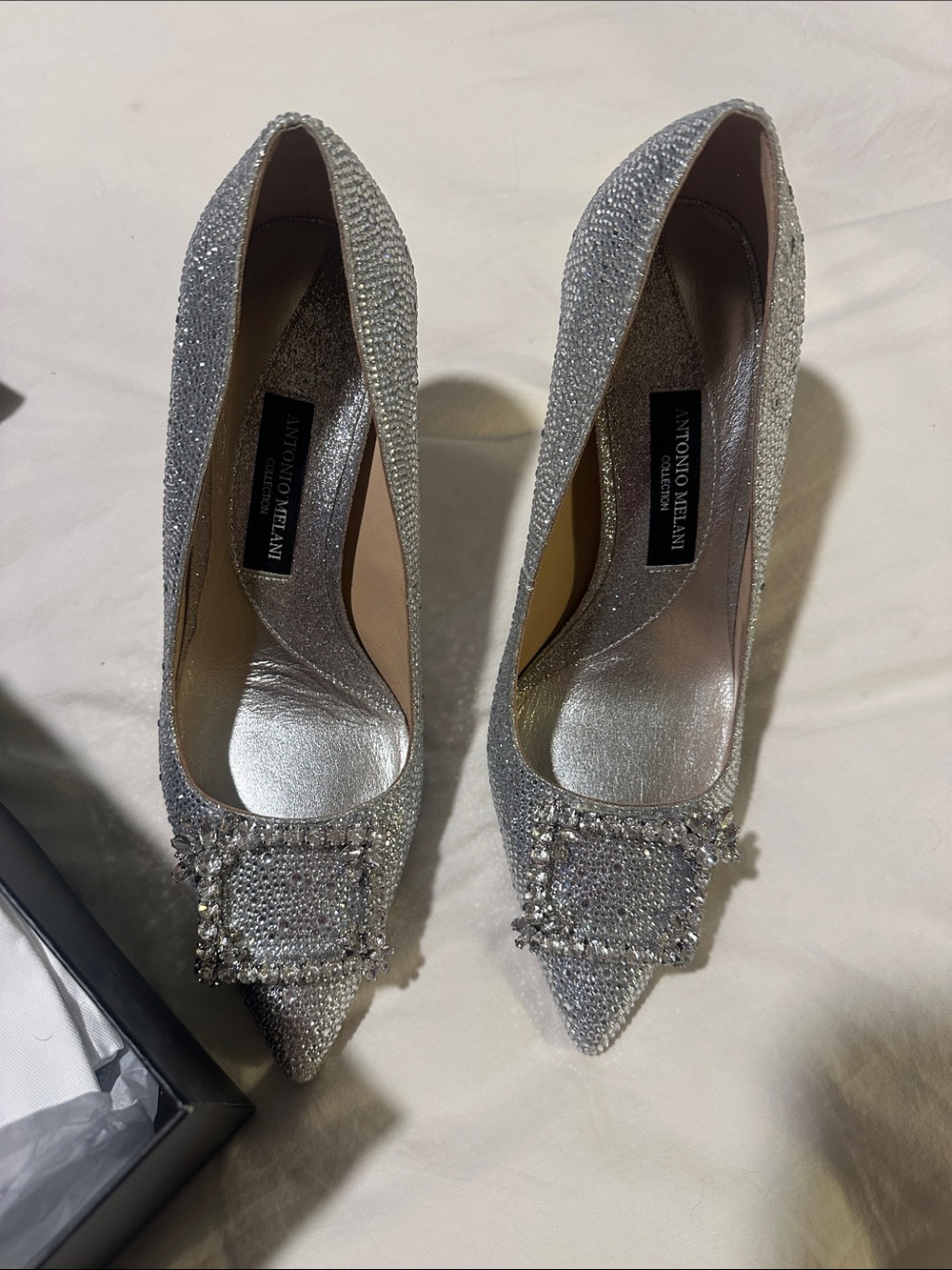 ANTONIO MELANI Silver Crystal-Embellished Pointed Toe Pumps